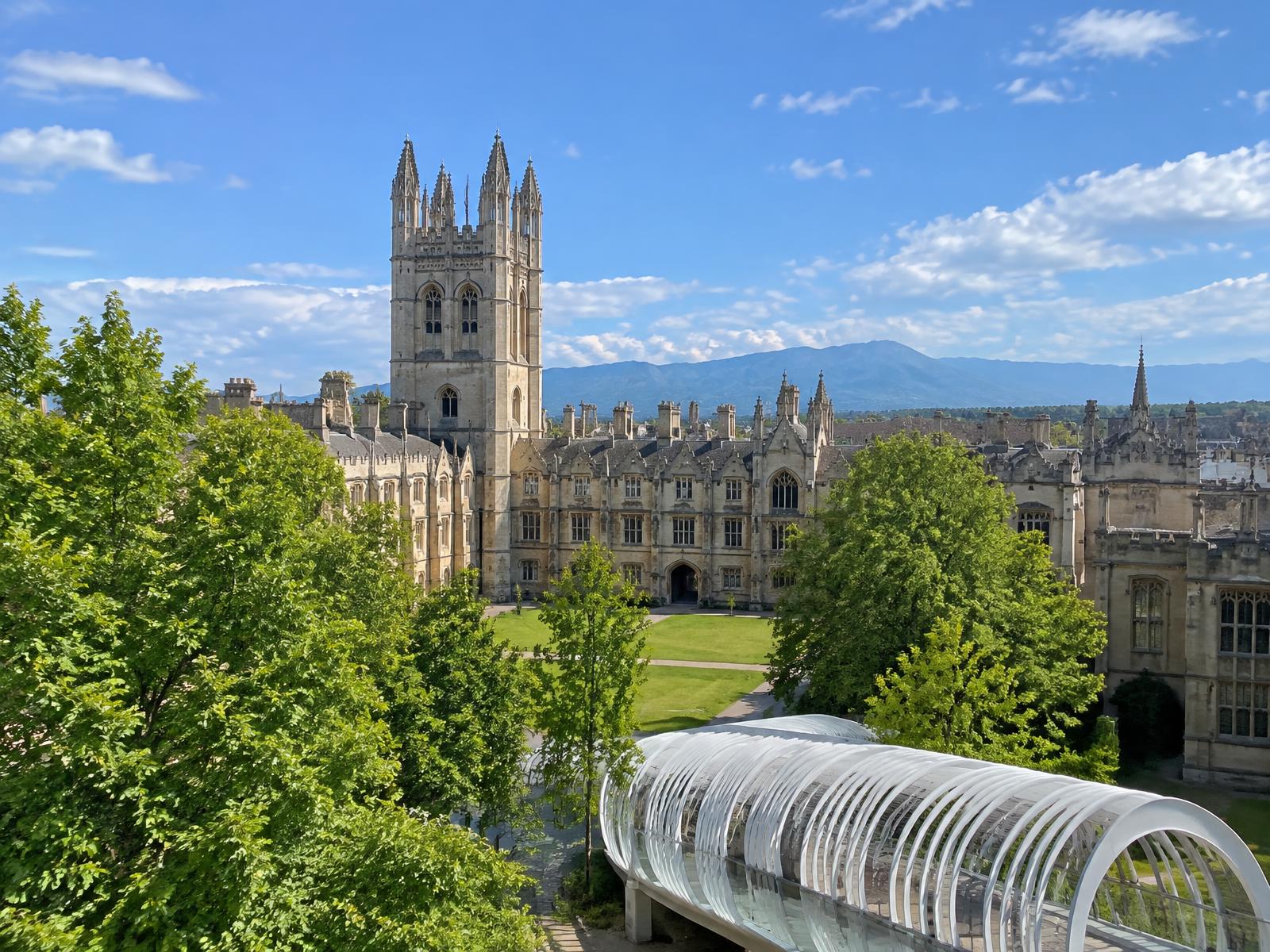 A gothic stone university quadrangle beside a modern white ribbed walkway