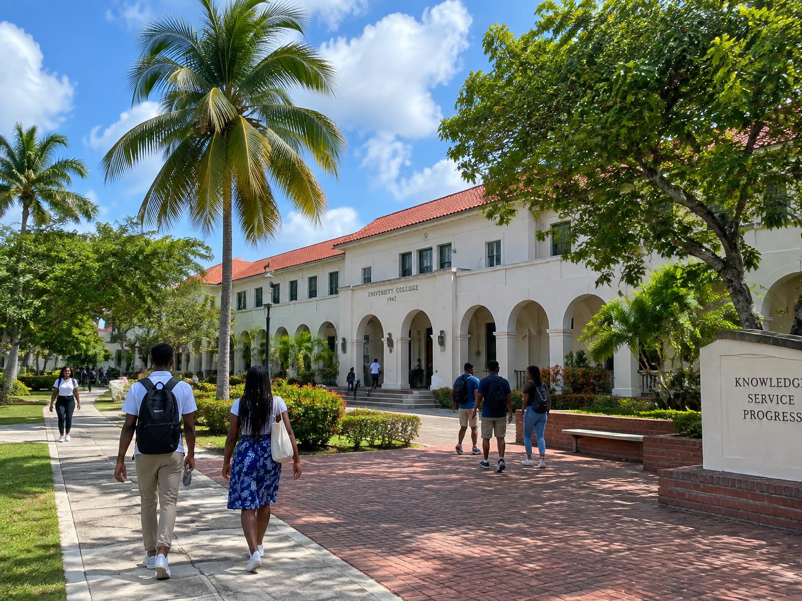 Students walking past an arcaded Caribbean university college among palms