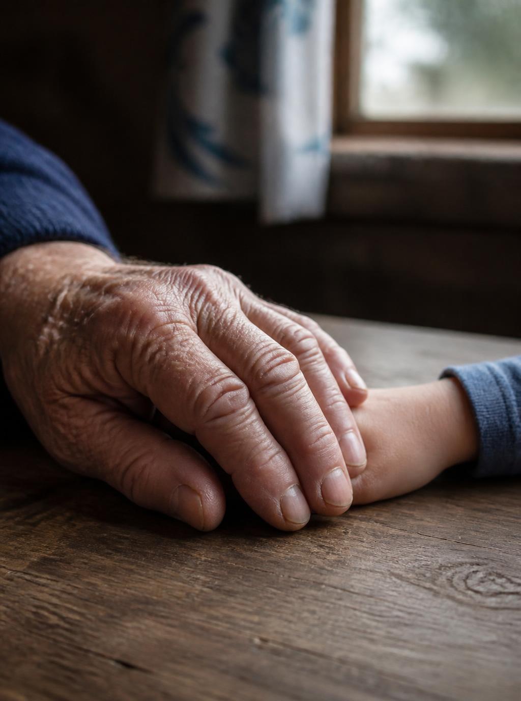 An elder's hand resting on a child's hand, generations in contact